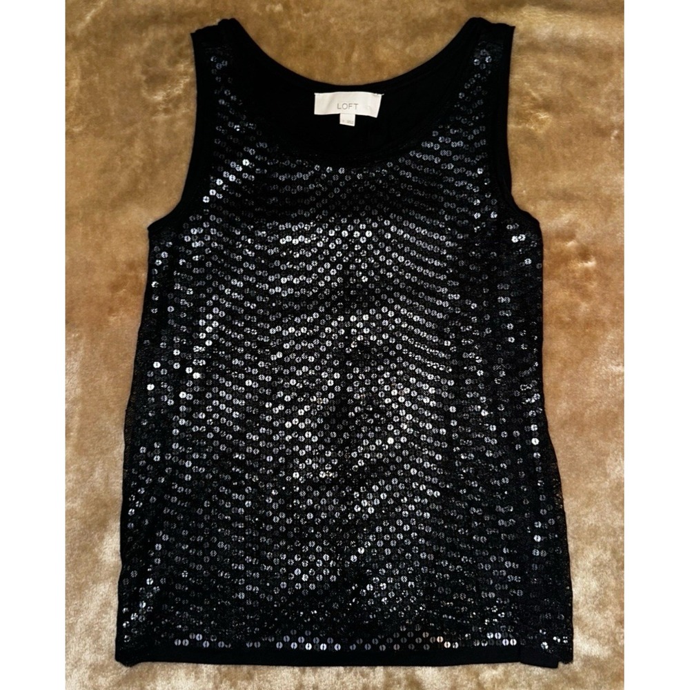 Loft Dressy Tank Size Small Black Sequin Lace Sleeveless Pullover - Picture 7 of 7
